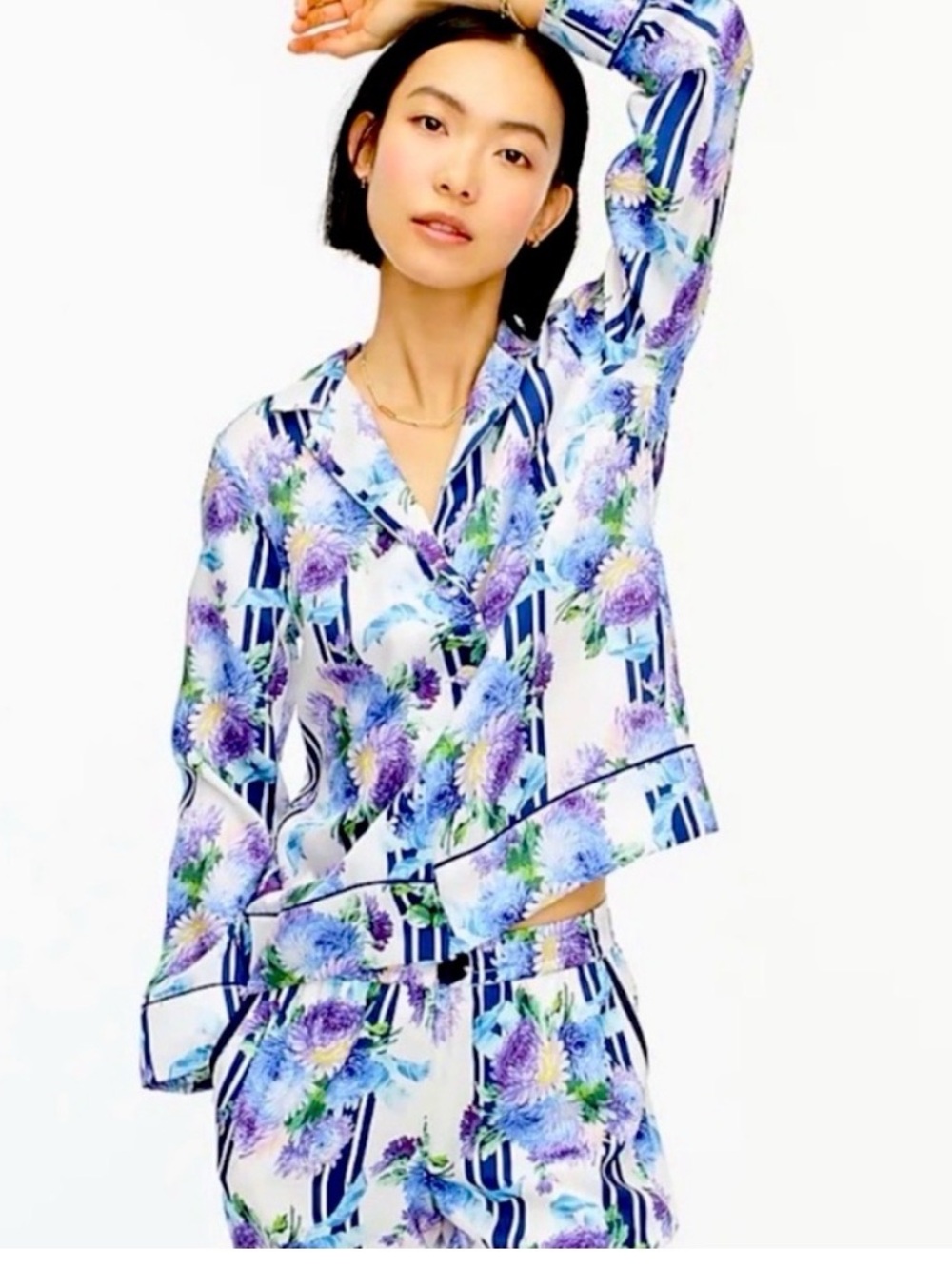 J. Crew Floral Stripe Pajama Set in White, Blue, Purple